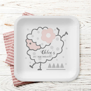 Simple Cute Jumping Lamb Pink & White 1st Birthday Paper Plates