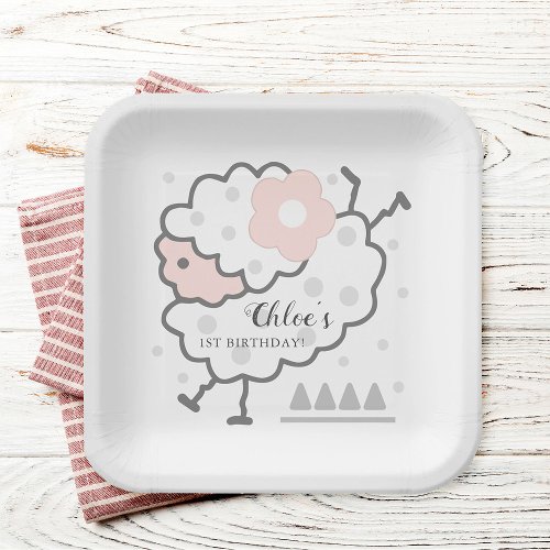 Simple Cute Jumping Lamb Pink  White 1st Birthday Paper Plates