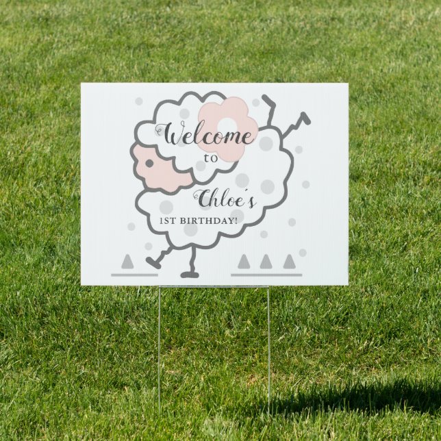 Simple Cute Jumping Lamb Pink & White 1st Birthday Sign (Insitu)