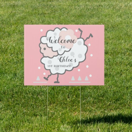 Simple Cute Jumping Lamb Pink  White 1st Birthday Sign