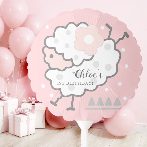 Simple Cute Jumping White Lamb 1st Birthday Pink Balloon
