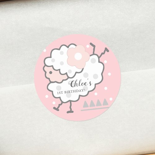 Simple Cute Jumping White Lamb 1st Birthday Pink Classic Round Sticker