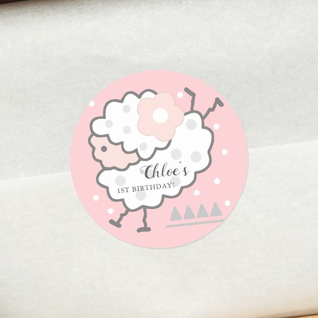Simple Cute Jumping White Lamb 1st Birthday Pink Classic Round Sticker (Creator Uploaded)