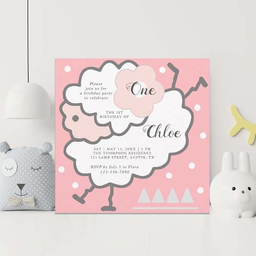 Simple Cute Jumping White Lamb 1st Birthday Pink Invitation