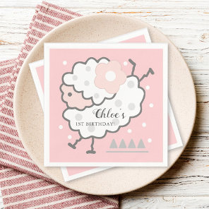 Simple Cute Jumping white Lamb 1st Birthday Pink Napkins