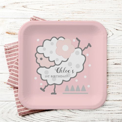 Simple Cute Jumping white Lamb 1st Birthday Pink Paper Plates