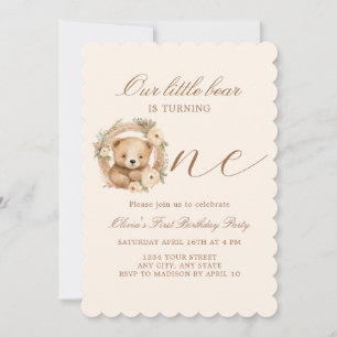 Simple Cute Kids Little Bear 1st Birthday Invitation