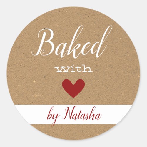 Simple Cute Kraft Paper Background Baked with Love Classic Round Sticker