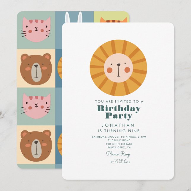 Simple Cute Lion Forest with Animals Birthday   Invitation (Front/Back)