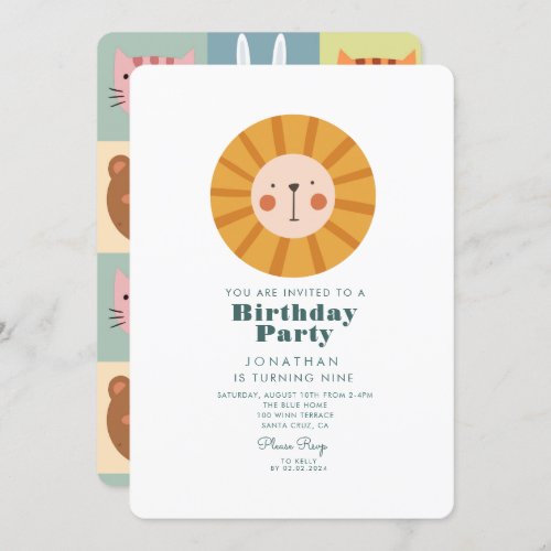 Simple Cute Lion Forest with Animals Birthday   Invitation