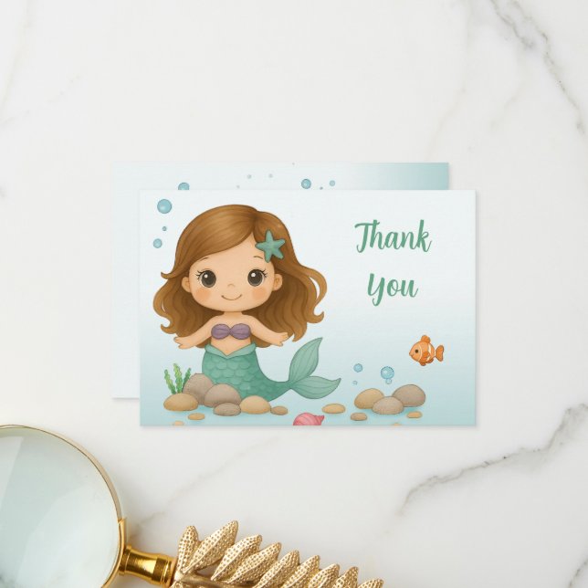 Simple cute little mermaid thank you card (Front/Back In Situ)