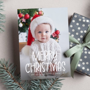 Simple cute Merry Christmas one photo green Holiday Card