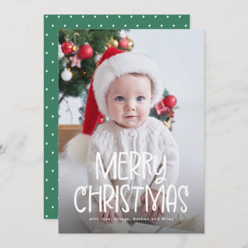 Simple cute Merry Christmas one photo green Holiday Card