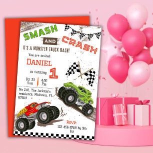 Simple cute modern monster truck kid 1st birthday invitation