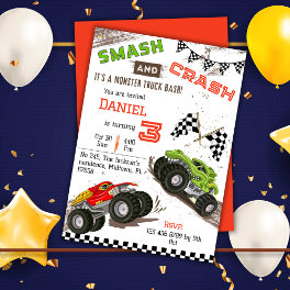 Simple cute modern monster truck kid 3rd birthday invitation