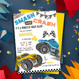 Simple cute modern monster truck kid 4th birthday invitation