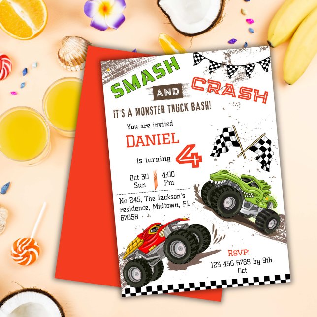Simple cute modern monster truck kid 4th birthday  invitation (Creator Uploaded)