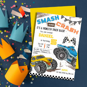 Simple cute modern monster truck kid 5th birthday invitation