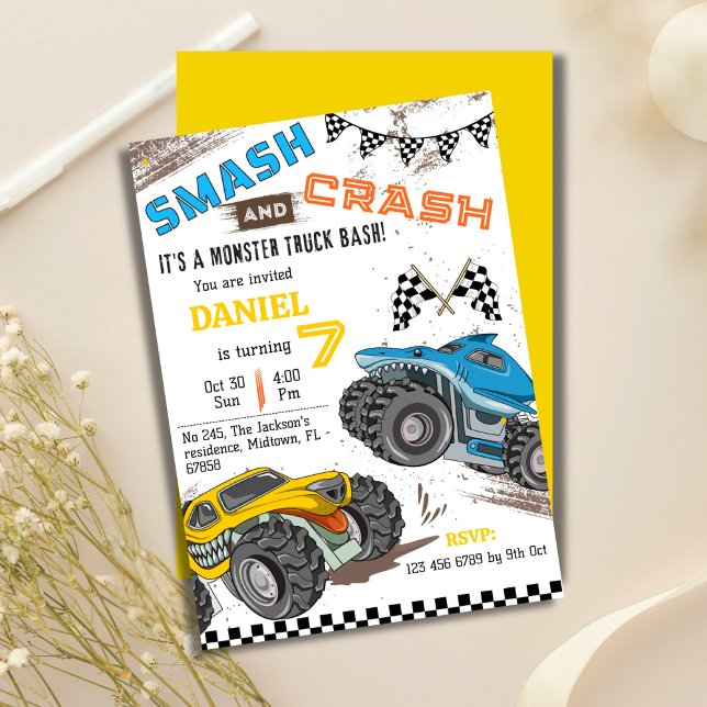 Simple cute modern monster truck kid 7th birthday invitation (Creator Uploaded)
