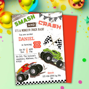 Simple cute modern monster truck kid 8th birthday invitation