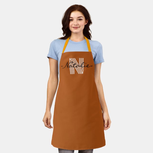 Simple cute Monogram Stylish letters brown white Apron (Worn)