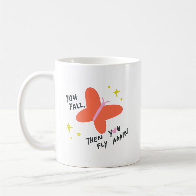 Simple Cute Morning Bold Orange Butterfly Quote Coffee Mug (Left)