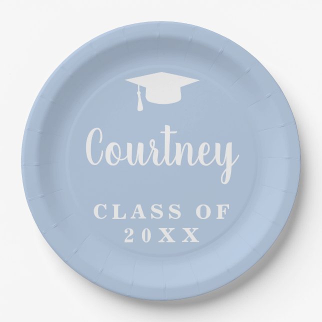 Simple Cute Mortar Board Pastel Blue Graduation Paper Plates (Front)