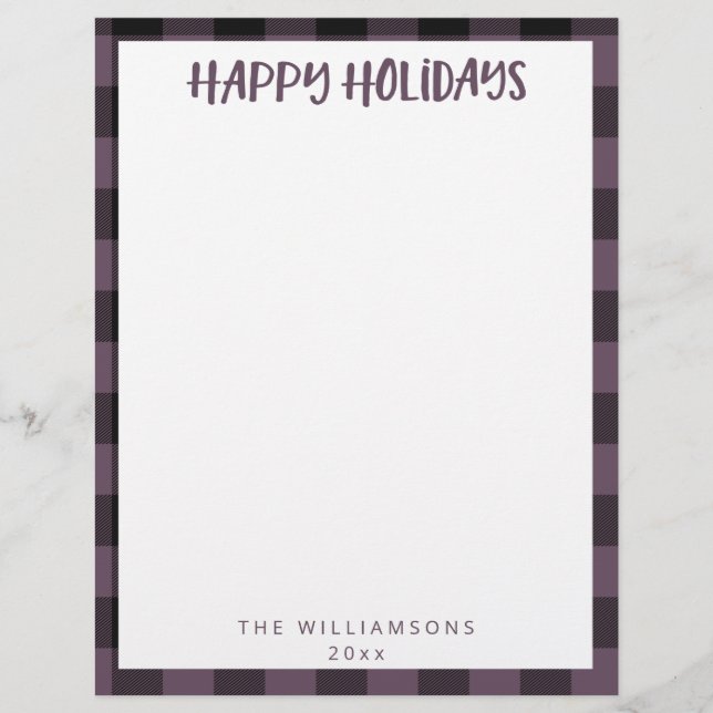 Simple Cute Name Purple Plaid Holiday Stationery  (Front)