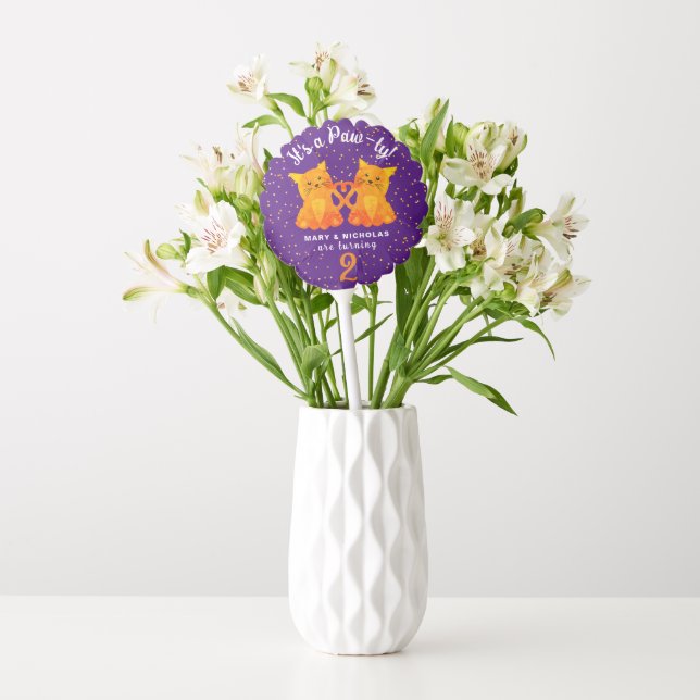 Simple Cute Orange Kitten Twins Joint Bday Purple Balloon (Vase)
