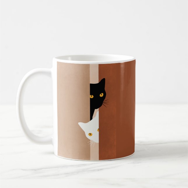 Simple Cute Peeking Cats Black White Soft Beige Coffee Mug (Left)