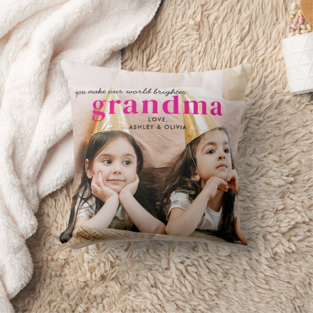 Simple Cute Photo Grandma Gift Keepsake Hot Pink Throw Pillow (Blanket)