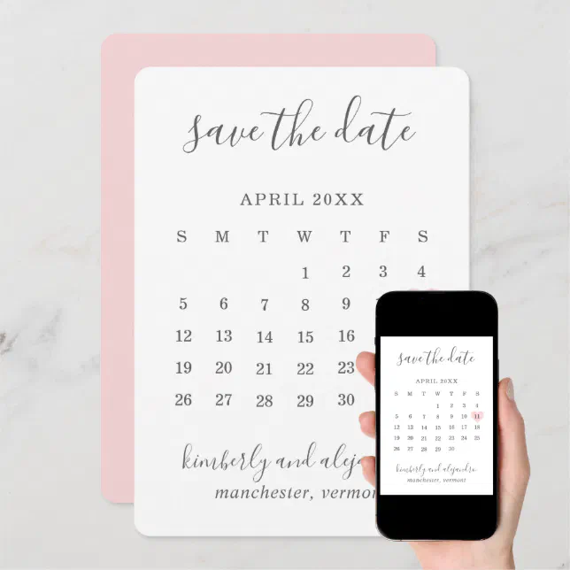 Simple Cute Pink Heart Calender Wedding Save The Date 