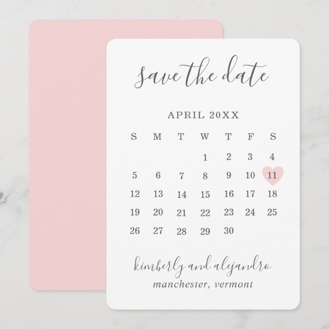 Simple Cute Pink Heart Calender Wedding Save The Date (Front/Back)