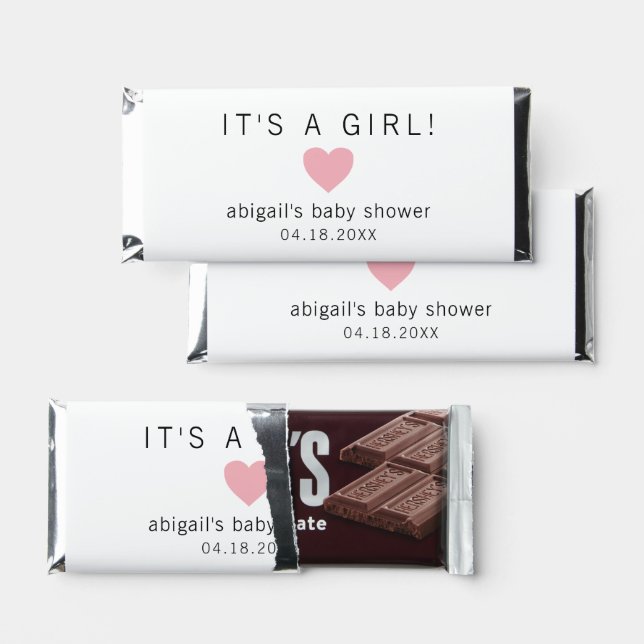 Simple Cute Pink Heart Its a Girl Baby Shower Hershey Bar Favors (Front)