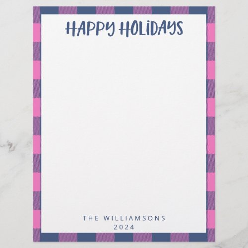 Simple Cute Pink Plaid Name Holiday Stationery 