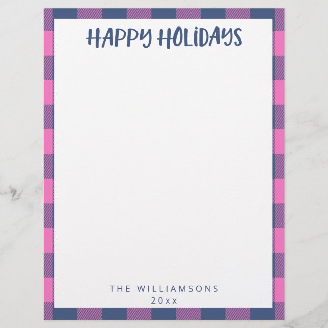 Simple Cute Pink Plaid Name Holiday Stationery  (Front)