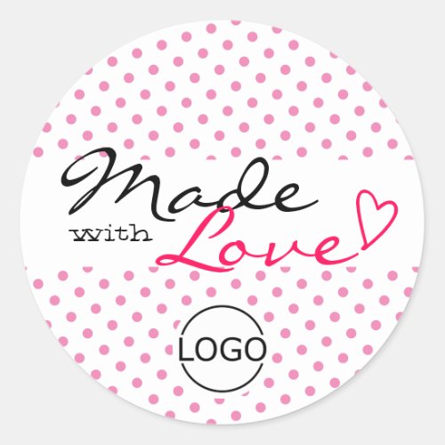 Simple Cute Polka Dots Made with Love Heart Pink  Classic Round Sticker