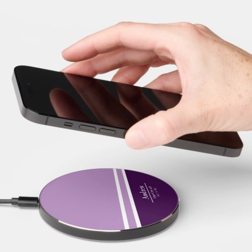 Simple Cute Purple Monogram Name  Business Info Wireless Charger