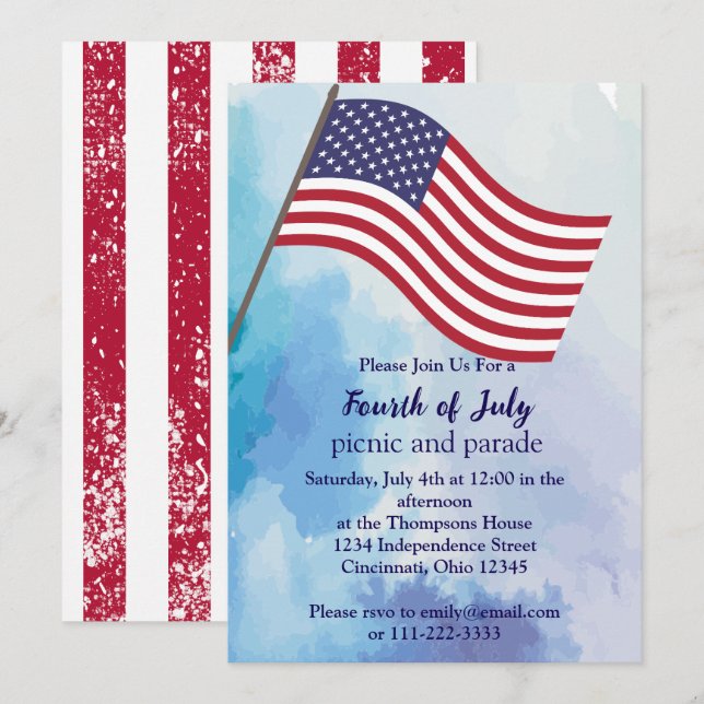 Simple Cute Red White Blue Fourth Of July Flag  Invitation (Front/Back)