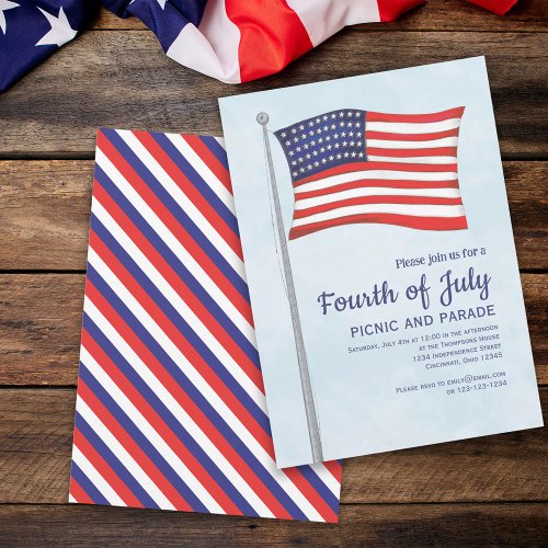 Simple Cute Red White Blue Fourth Of July Flag Invitation