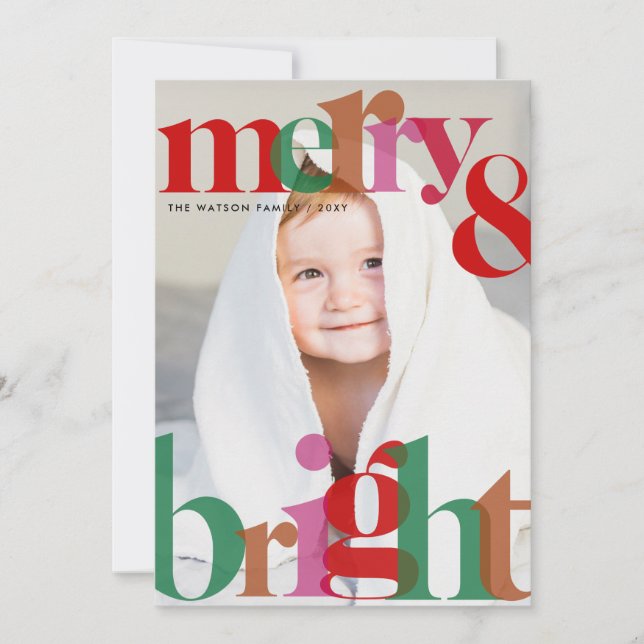 Simple Cute Retro merry and bright Photo Holiday Card (Front)