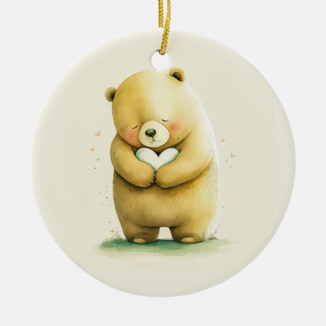 Simple Cute Sad Bear Holding a Heart Artwork | Cer Ceramic Ornament (Front)
