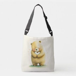 Simple Cute Sad Bear Holding a Heart Artwork Crossbody Bag