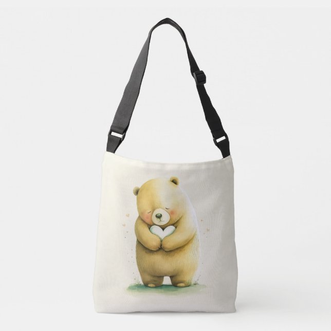 Simple Cute Sad Bear Holding a Heart Artwork | Crossbody Bag (Front)