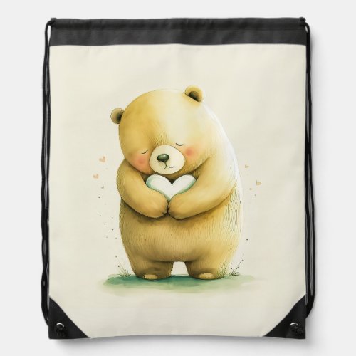 Simple Cute Sad Bear Holding a Heart Artwork  Drawstring Bag