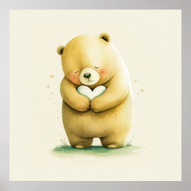 Simple Cute Sad Bear Holding a Heart Artwork | Poster (Front)