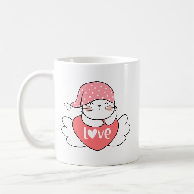 Simple Cute Sweet Charming Smiling White Cat Heart Coffee Mug (Left)