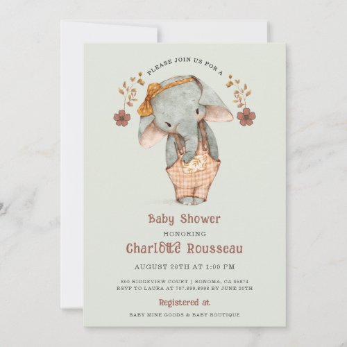 Simple Cute Watercolor Elephant Girl Baby Shower Invitation