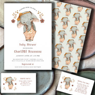 Simple Cute Watercolor Elephant Girl Baby Shower Invitation