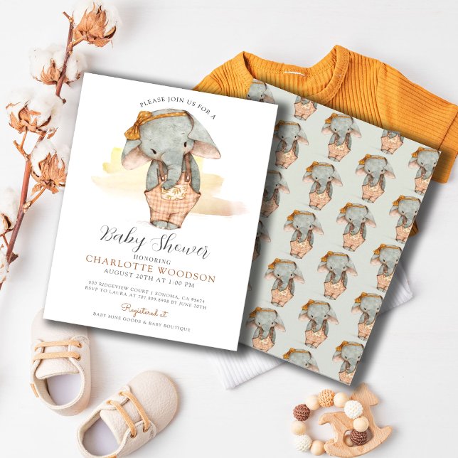 Simple Cute Watercolor Elephant Girl Baby Shower  Invitation (Elephant Girl Baby Shower Invitation)